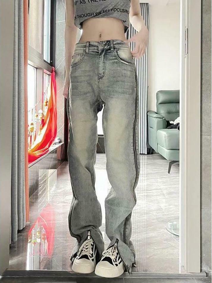 Y2K Fashion: Low Rise Washed Straight-Fit Slit Wide-Leg Jeans Y2K Fashion: Low Rise Washed Straight-Fit Slit Wide-Leg Jeans