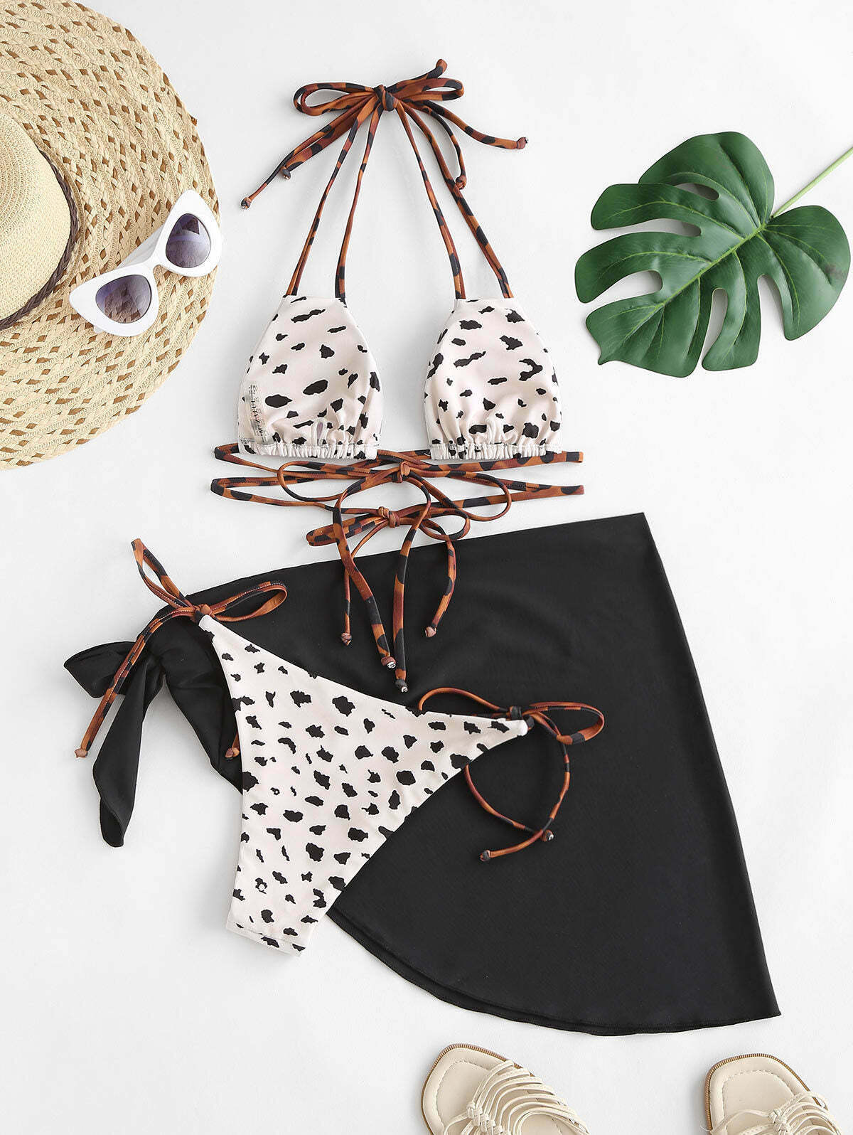 Y2K Fashion Mesh Swimsuit Set with Cow Print Contrast Y2K Fashion Mesh Swimsuit Set with Cow Print Contrast