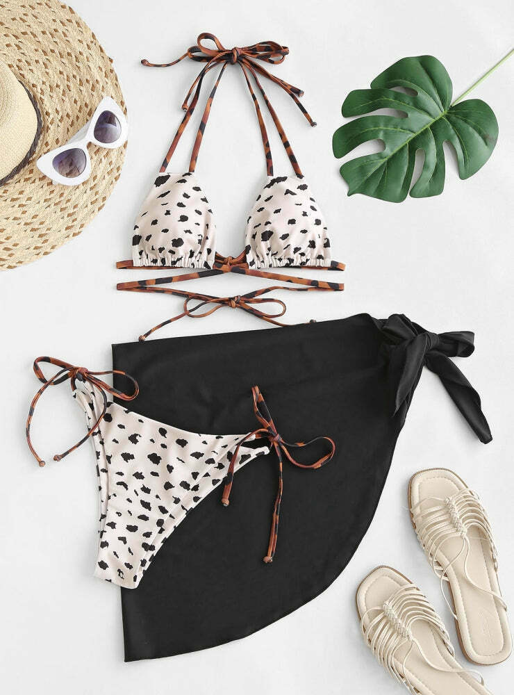 Y2K Fashion Mesh Swimsuit Set with Cow Print Contrast Y2K Fashion Mesh Swimsuit Set with Cow Print Contrast