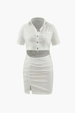 Y2K Fashion Mini Shirt Dress with Chest Pocket Cut Out - Coquette Aesthetic, Grunge Style, Pastel