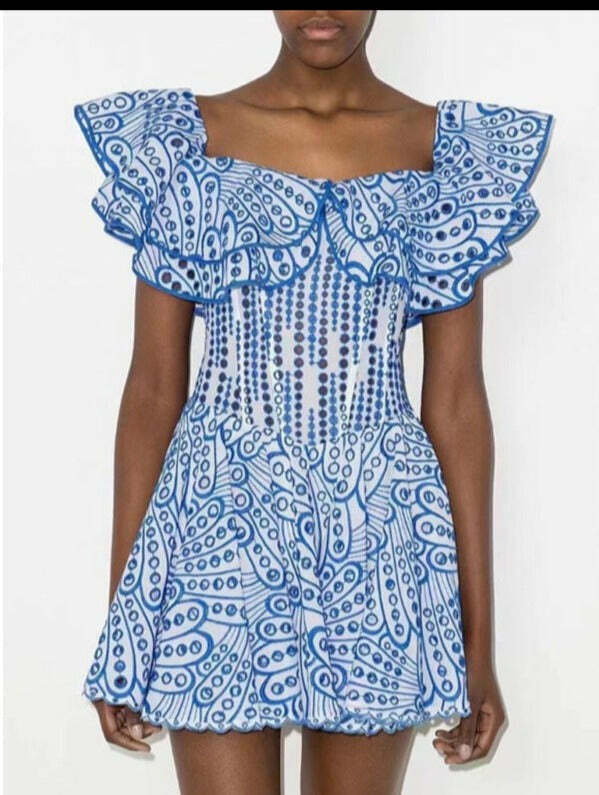 Y2K Fashion: One-Shoulder Ruffled Embroidery Dress for Coquette Aesthetic - Slim Waist, Grunge Style Y2K Fashion: One-Shoulder Ruffled Embroidery Dress for Coquette Aesthetic - Slim Waist, Grunge Style