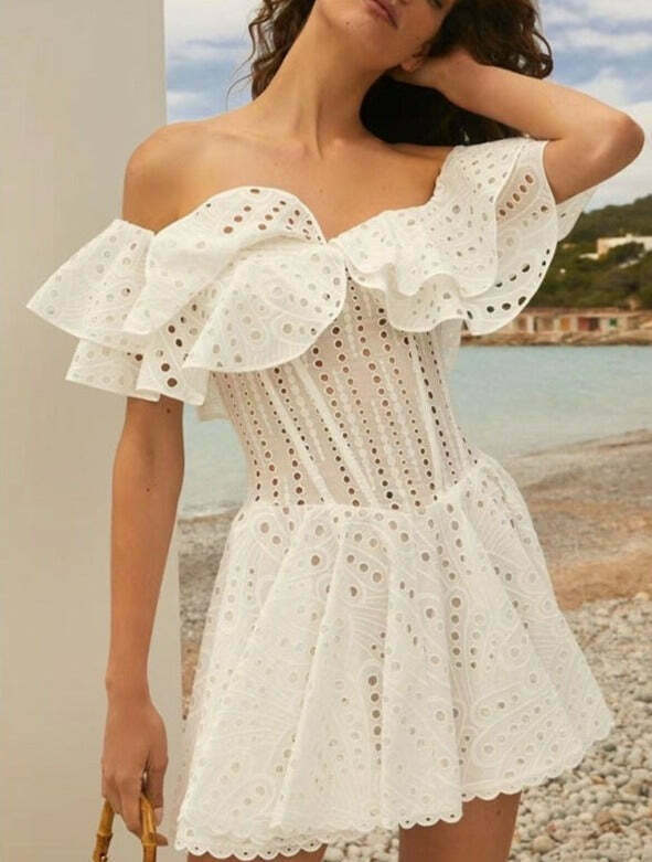 Y2K Fashion: One-Shoulder Ruffled Embroidery Dress for Coquette Aesthetic - Slim Waist, Grunge Style Y2K Fashion: One-Shoulder Ruffled Embroidery Dress for Coquette Aesthetic - Slim Waist, Grunge Style