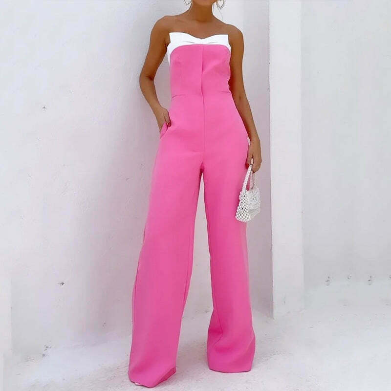 Y2K Fashion Pink Sleeveless Tube Top Wide-Leg Jumpsuit - Coquette Aesthetic Grunge Style Y2K Fashion Pink Sleeveless Tube Top Wide-Leg Jumpsuit - Coquette Aesthetic Grunge Style