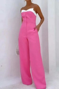 Y2K Fashion Pink Sleeveless Tube Top Wide-Leg Jumpsuit - Coquette Aesthetic Grunge Style
