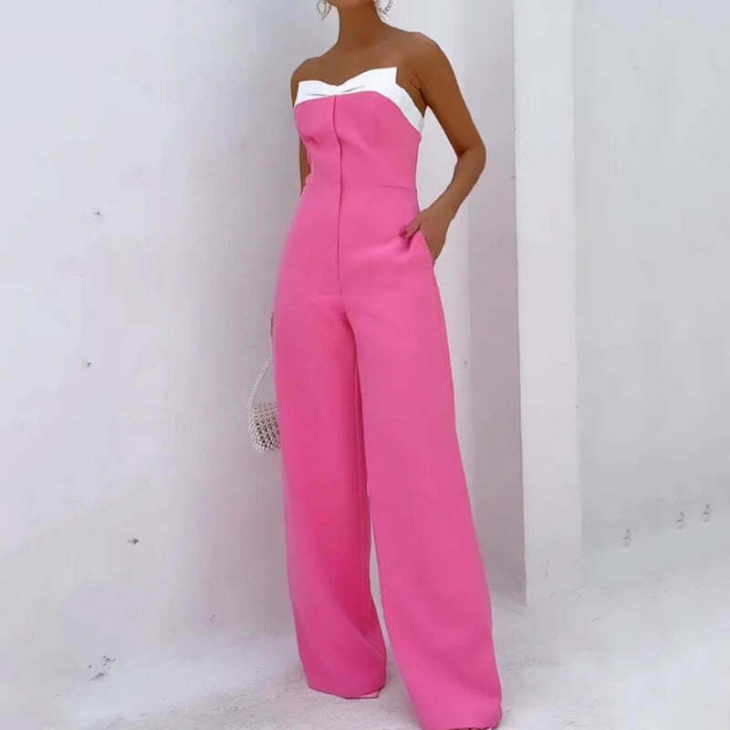 Y2K Fashion Pink Sleeveless Tube Top Wide-Leg Jumpsuit - Coquette Aesthetic Grunge Style Y2K Fashion Pink Sleeveless Tube Top Wide-Leg Jumpsuit - Coquette Aesthetic Grunge Style
