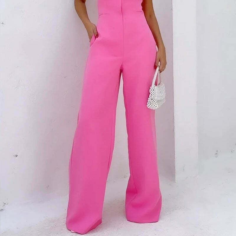 Y2K Fashion Pink Sleeveless Tube Top Wide-Leg Jumpsuit - Coquette Aesthetic Grunge Style Y2K Fashion Pink Sleeveless Tube Top Wide-Leg Jumpsuit - Coquette Aesthetic Grunge Style