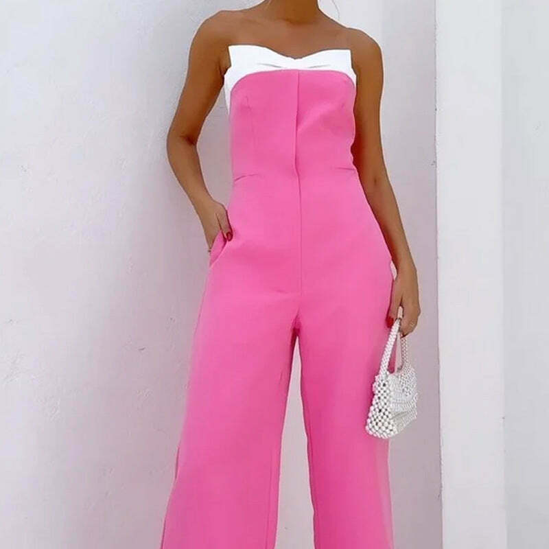 Y2K Fashion Pink Sleeveless Tube Top Wide-Leg Jumpsuit - Coquette Aesthetic Grunge Style Y2K Fashion Pink Sleeveless Tube Top Wide-Leg Jumpsuit - Coquette Aesthetic Grunge Style