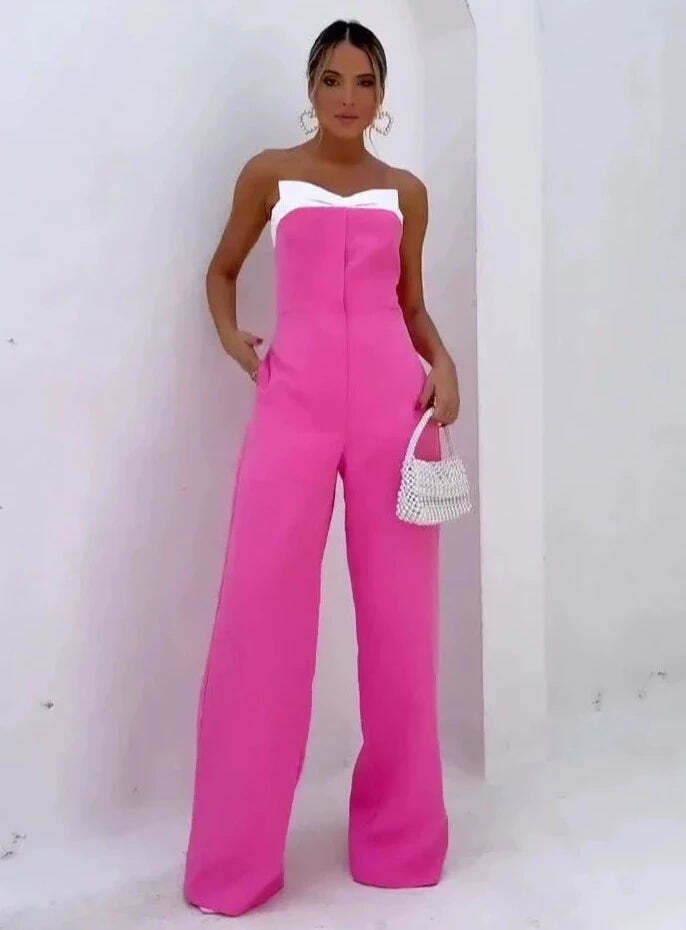Y2K Fashion Pink Sleeveless Tube Top Wide-Leg Jumpsuit - Coquette Aesthetic Grunge Style Y2K Fashion Pink Sleeveless Tube Top Wide-Leg Jumpsuit - Coquette Aesthetic Grunge Style