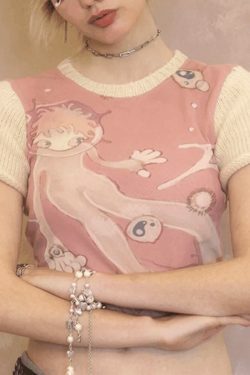 Y2K Fashion Print Patchwork Tee: Coquette & Grunge Aesthetic Tops for Women