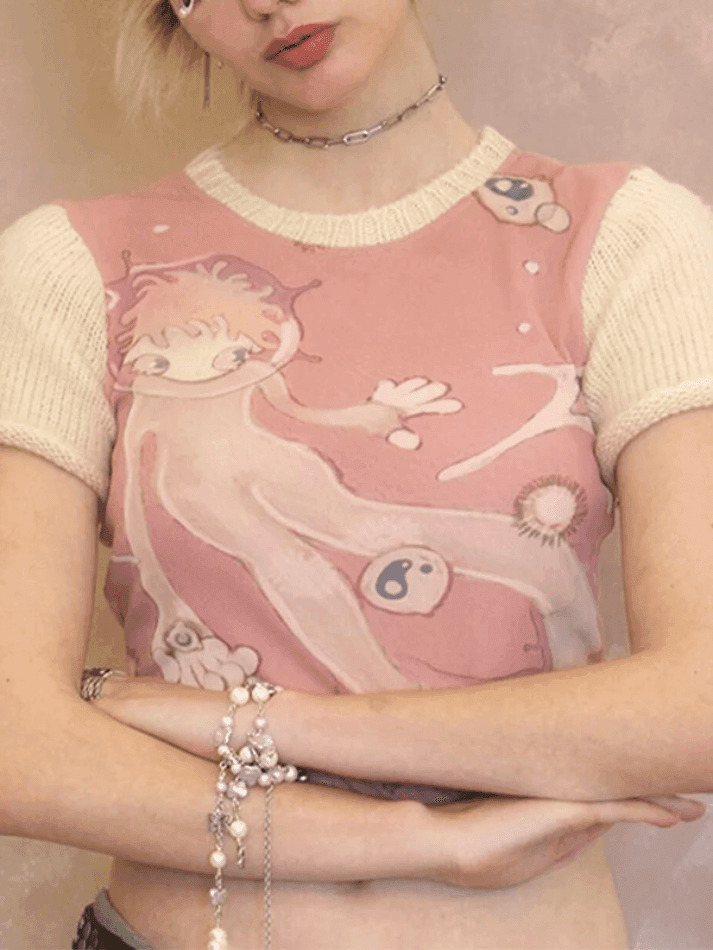 Y2K Fashion Print Patchwork Tee: Coquette & Grunge Aesthetic Tops for Women Y2K Fashion Print Patchwork Tee: Coquette & Grunge Aesthetic Tops for Women