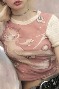 Y2K Fashion Print Patchwork Tee: Coquette & Grunge Aesthetic Tops for Women