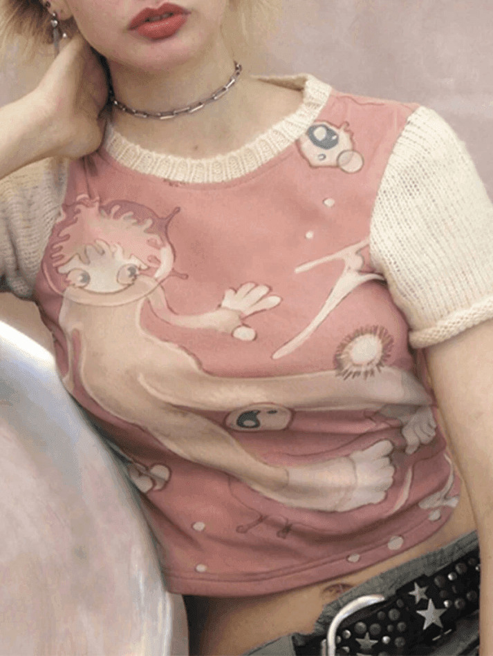 Y2K Fashion Print Patchwork Tee: Coquette & Grunge Aesthetic Tops for Women Y2K Fashion Print Patchwork Tee: Coquette & Grunge Aesthetic Tops for Women