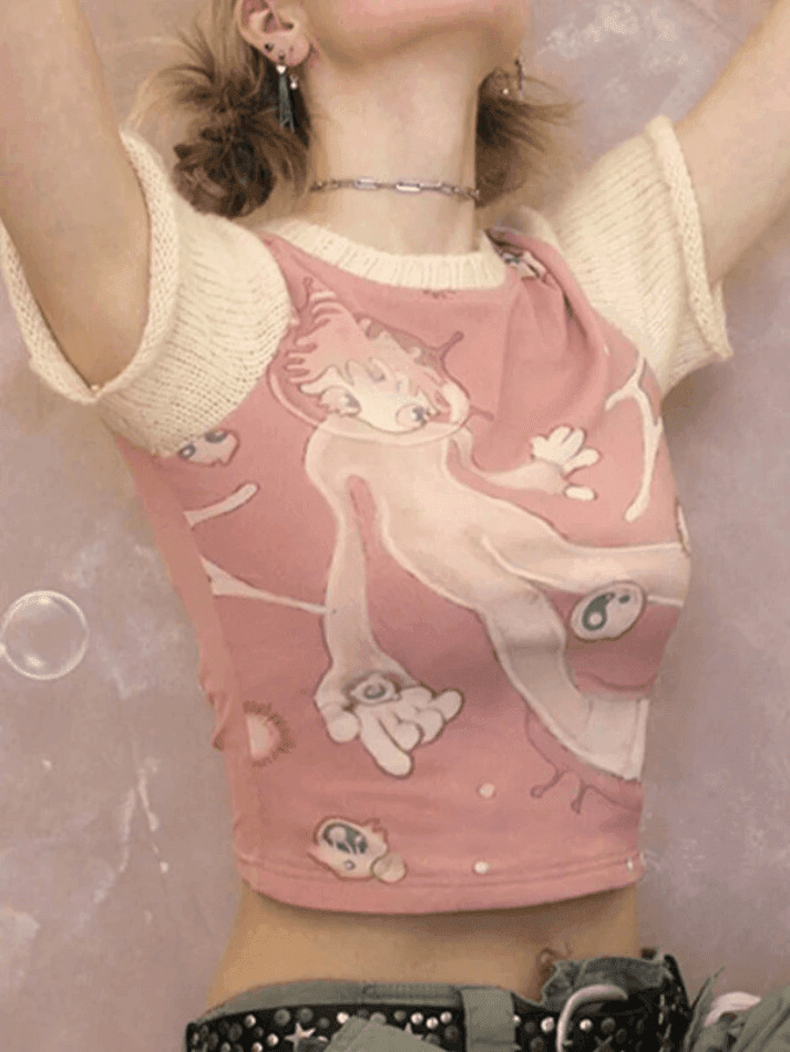 Y2K Fashion Print Patchwork Tee: Coquette & Grunge Aesthetic Tops for Women Y2K Fashion Print Patchwork Tee: Coquette & Grunge Aesthetic Tops for Women