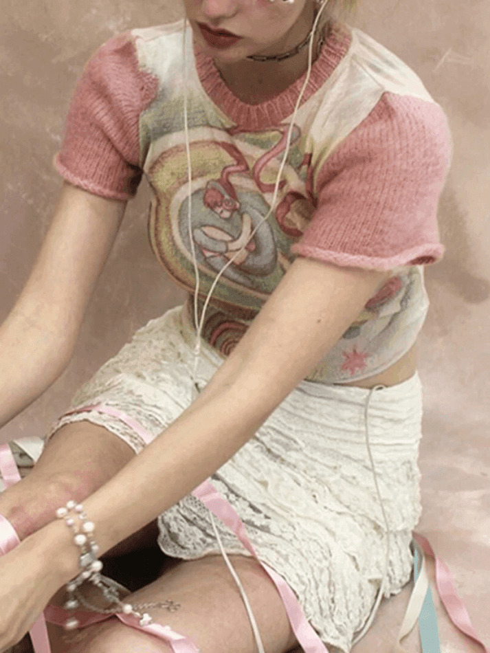 Y2K Fashion Print Patchwork Tee: Coquette & Grunge Aesthetic Tops for Women Y2K Fashion Print Patchwork Tee: Coquette & Grunge Aesthetic Tops for Women