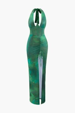 Y2K Fashion Printed Halter Corset Drawstring Slit Midi Dress