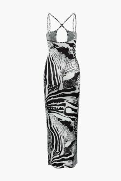 Y2K Fashion Printed Maxi Dress with Cross Strap Cut-Out Detail