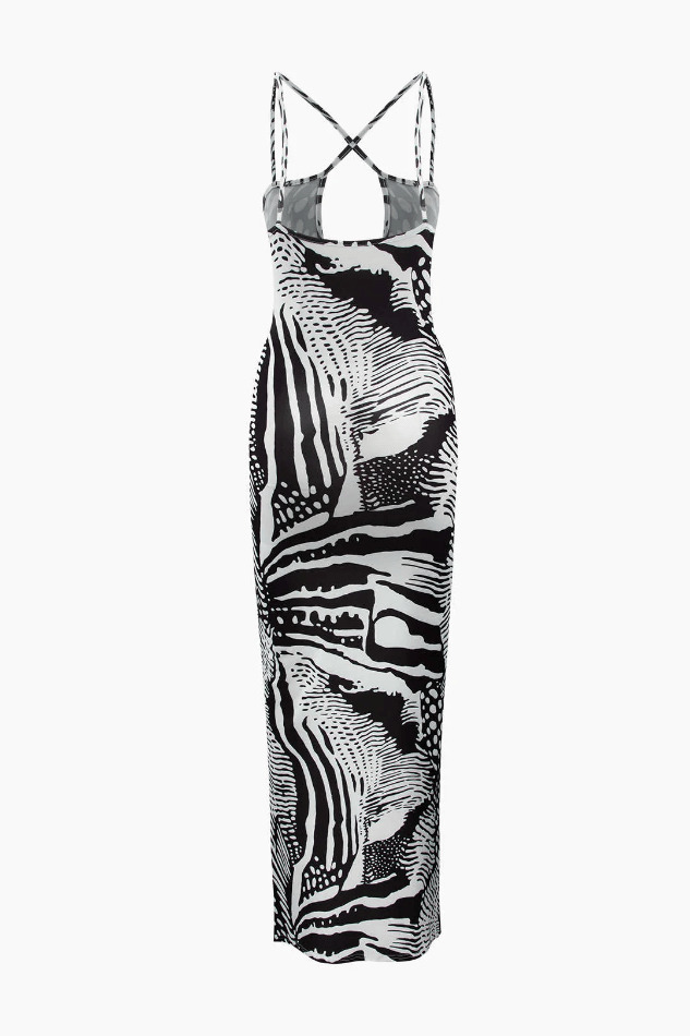 Y2K Fashion Printed Maxi Dress with Cross Strap Cut-Out Detail Y2K Fashion Printed Maxi Dress with Cross Strap Cut-Out Detail