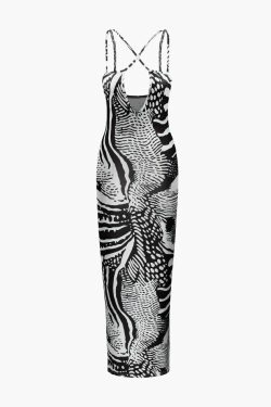 Y2K Fashion Printed Maxi Dress with Cross Strap Cut-Out Detail