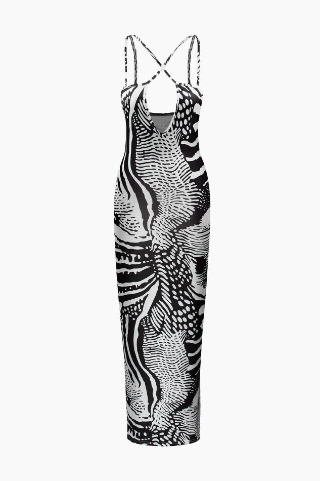 Y2K Fashion Printed Maxi Dress with Cross Strap Cut-Out Detail Y2K Fashion Printed Maxi Dress with Cross Strap Cut-Out Detail