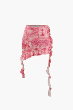 Y2K Fashion Printed Ruffle Tube Top & Asymmetric Mini Skirt Set