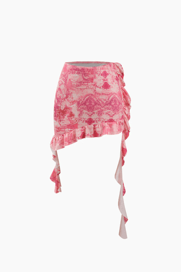 Y2K Fashion Printed Ruffle Tube Top & Asymmetric Mini Skirt Set