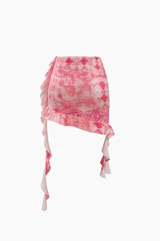 Y2K Fashion Printed Ruffle Tube Top & Asymmetric Mini Skirt Set