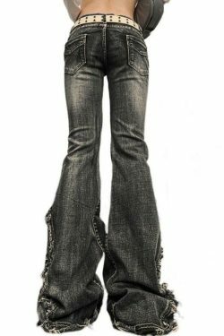 Y2K Fashion Raw Trim Splice Flare Jeans - Coquette Aesthetic Cargo Skirt Style