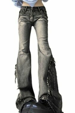 Y2K Fashion Raw Trim Splice Flare Jeans - Coquette Aesthetic Cargo Skirt Style