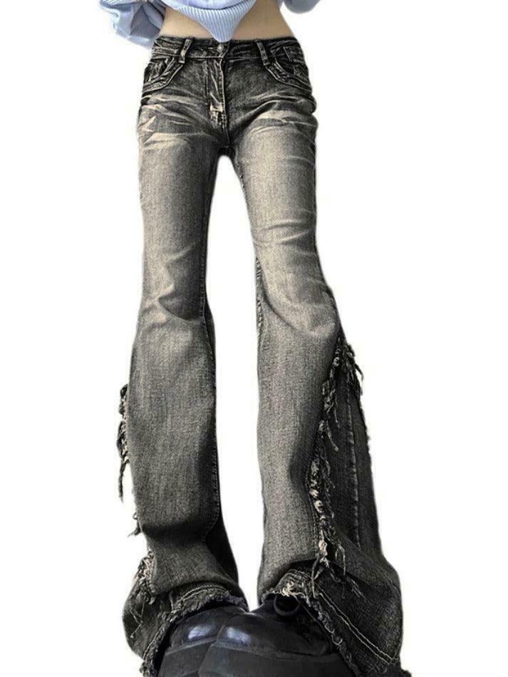Y2K Fashion Raw Trim Splice Flare Jeans - Coquette Aesthetic Cargo Skirt Style Y2K Fashion Raw Trim Splice Flare Jeans - Coquette Aesthetic Cargo Skirt Style