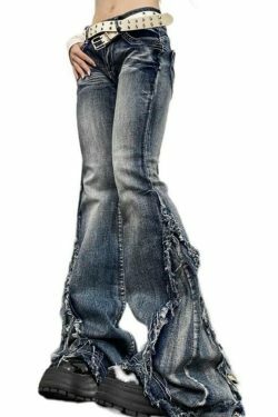 Y2K Fashion Raw Trim Splice Flare Jeans - Coquette Aesthetic Cargo Skirt Style