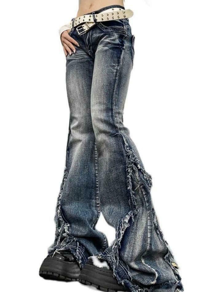 Y2K Fashion Raw Trim Splice Flare Jeans - Coquette Aesthetic Cargo Skirt Style Y2K Fashion Raw Trim Splice Flare Jeans - Coquette Aesthetic Cargo Skirt Style