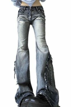 Y2K Fashion Raw Trim Splice Flare Jeans - Coquette Aesthetic Cargo Skirt Style