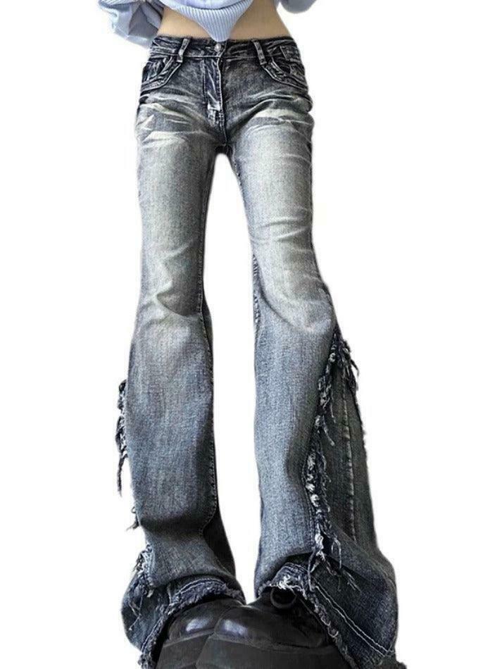 Y2K Fashion Raw Trim Splice Flare Jeans - Coquette Aesthetic Cargo Skirt Style Y2K Fashion Raw Trim Splice Flare Jeans - Coquette Aesthetic Cargo Skirt Style
