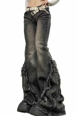 Y2K Fashion Raw Trim Splice Flare Jeans - Coquette Aesthetic Cargo Skirt Style