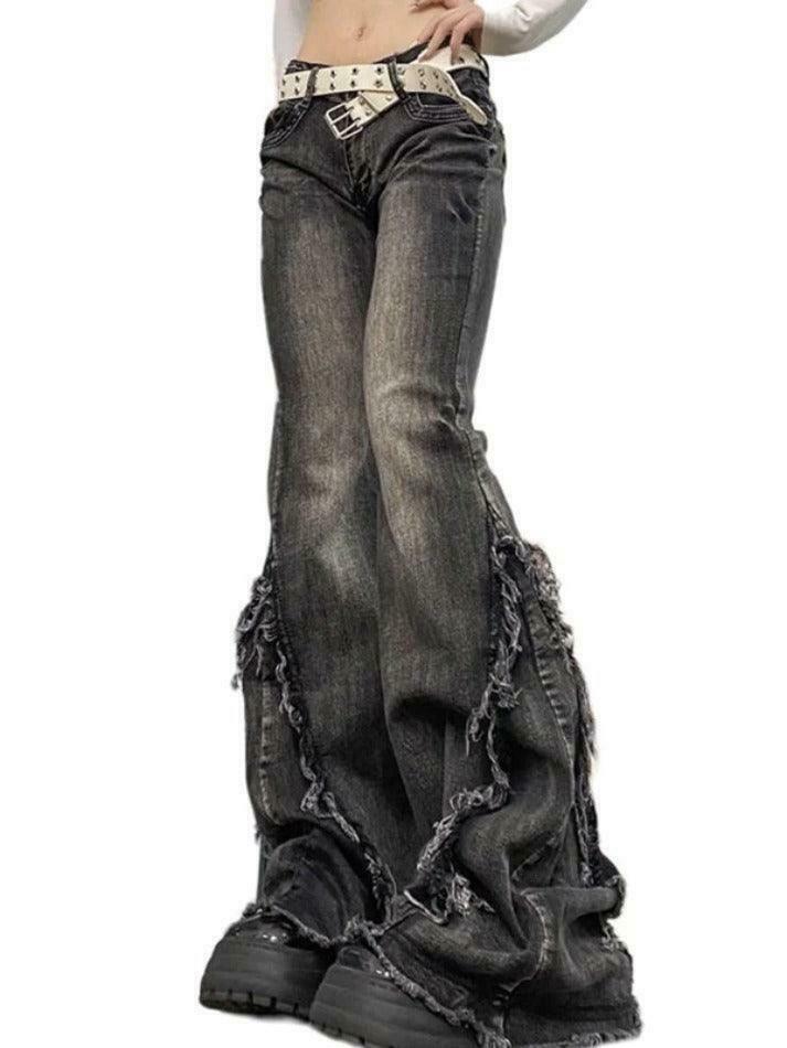 Y2K Fashion Raw Trim Splice Flare Jeans - Coquette Aesthetic Cargo Skirt Style Y2K Fashion Raw Trim Splice Flare Jeans - Coquette Aesthetic Cargo Skirt Style