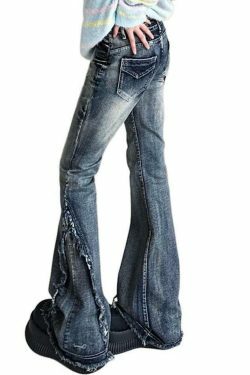 Y2K Fashion Raw Trim Splice Flare Jeans - Coquette Aesthetic Cargo Skirt Style