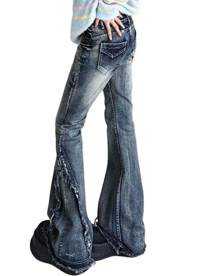 Y2K Fashion Raw Trim Splice Flare Jeans - Coquette Aesthetic Cargo Skirt Style Y2K Fashion Raw Trim Splice Flare Jeans - Coquette Aesthetic Cargo Skirt Style