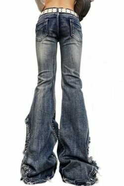 Y2K Fashion Raw Trim Splice Flare Jeans - Coquette Aesthetic Cargo Skirt Style