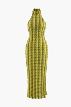 Y2K Fashion Red Halter Backless Maxi Dress with Popcorn Texture