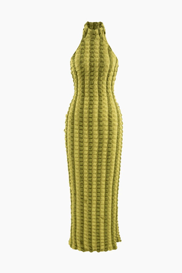 Y2K Fashion Red Halter Backless Maxi Dress with Popcorn Texture Y2K Fashion Red Halter Backless Maxi Dress with Popcorn Texture