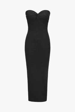 Y2K Fashion Ribbed Twist Front Strapless Midi Dress for Women - Coquette Aesthetic Grunge Style
