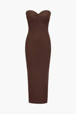 Y2K Fashion Ribbed Twist Front Strapless Midi Dress for Women - Coquette Aesthetic Grunge Style
