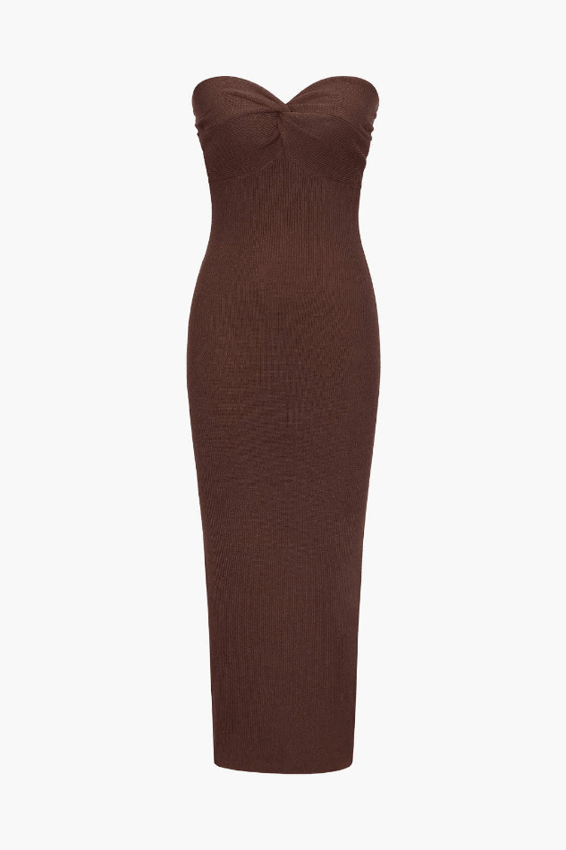 Y2K Fashion Ribbed Twist Front Strapless Midi Dress for Women - Coquette Aesthetic Grunge Style Y2K Fashion Ribbed Twist Front Strapless Midi Dress for Women - Coquette Aesthetic Grunge Style