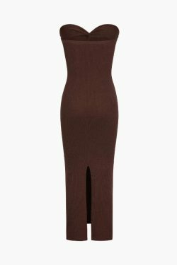 Y2K Fashion Ribbed Twist Front Strapless Midi Dress for Women - Coquette Aesthetic Grunge Style