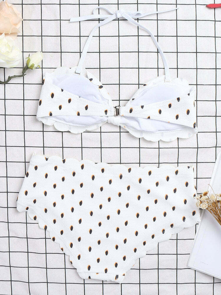 Y2K Fashion: Ruffled Wave Edge Backless Polka Dot Convertible Strap Bikinis Swimsuits Y2K Fashion: Ruffled Wave Edge Backless Polka Dot Convertible Strap Bikinis Swimsuits