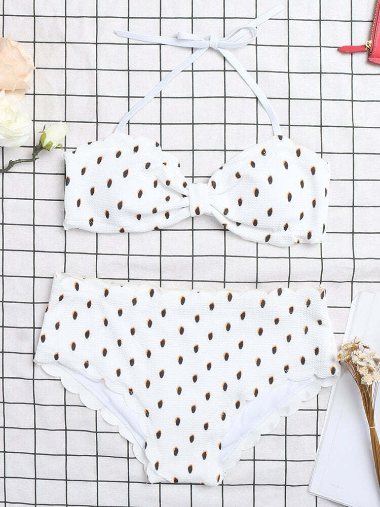 Y2K Fashion: Ruffled Wave Edge Backless Polka Dot Convertible Strap Bikinis Swimsuits Y2K Fashion: Ruffled Wave Edge Backless Polka Dot Convertible Strap Bikinis Swimsuits