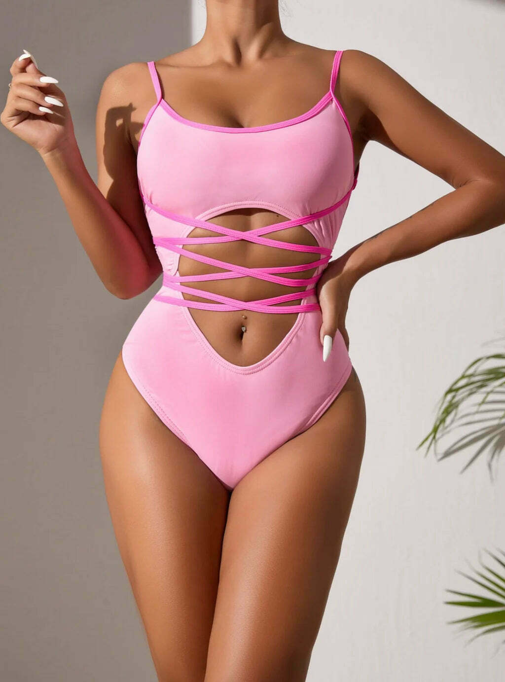 Y2K Fashion: Sexy Contrast Sling Backless Hollow One-Piece Swimsuit Y2K Fashion: Sexy Contrast Sling Backless Hollow One-Piece Swimsuit