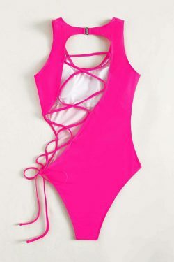 Y2K Fashion: Sexy Hollow Lace-Up One Piece Bikini - Coquette Aesthetic Beachwear