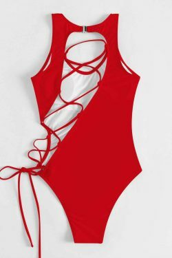 Y2K Fashion: Sexy Hollow Lace-Up One Piece Bikini - Coquette Aesthetic Beachwear