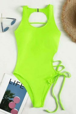 Y2K Fashion: Sexy Hollow Lace-Up One Piece Bikini - Coquette Aesthetic Beachwear